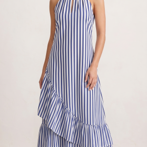 ASYMMETRICAL RUFFLE HALTER MIDI DRESS