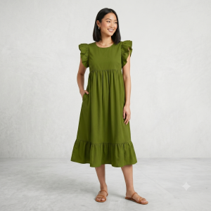RUFFLED-SLEEVE TIERED MIDI DRESS